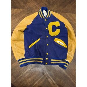 Vtg DeLong Wool Leather Varsity Letterman Jacket Blue C Patch Snap Front |W1
